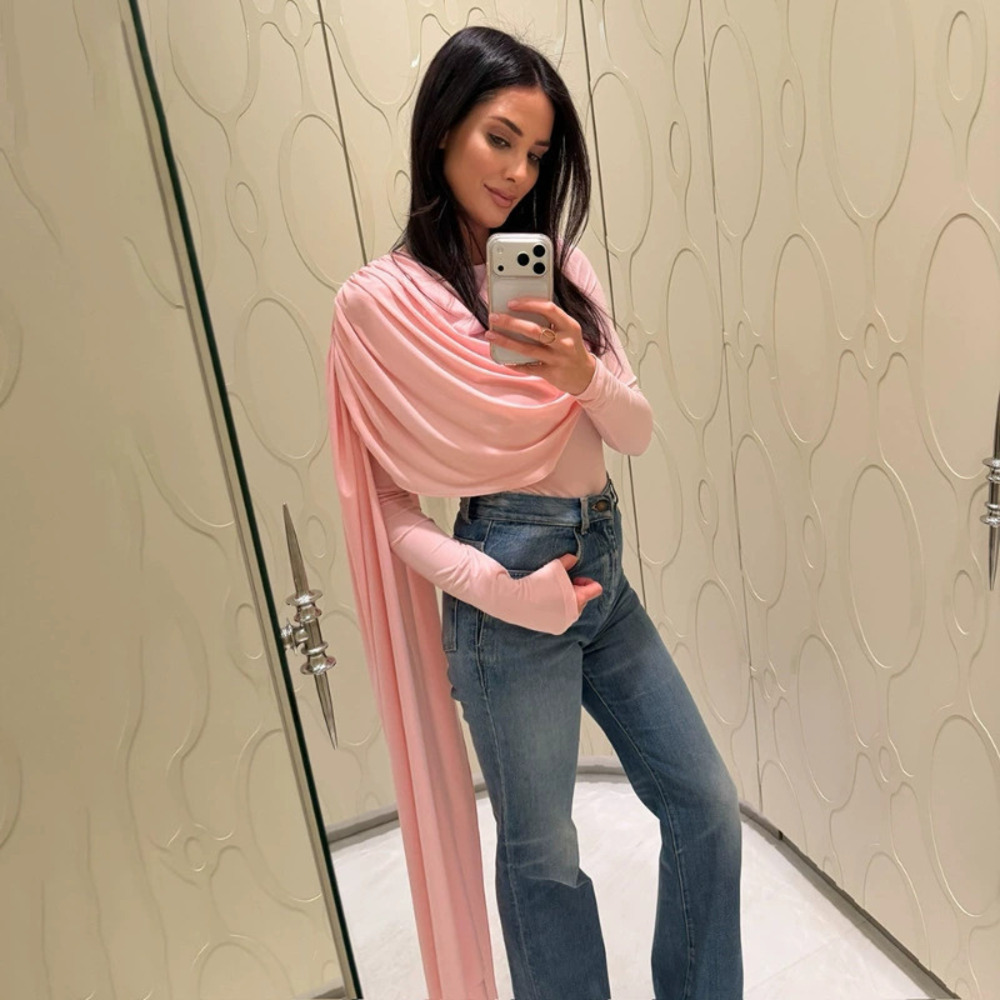 Zara Sheer Round Neck Pleated Waist Long Sleeve Bodysuit Streamer